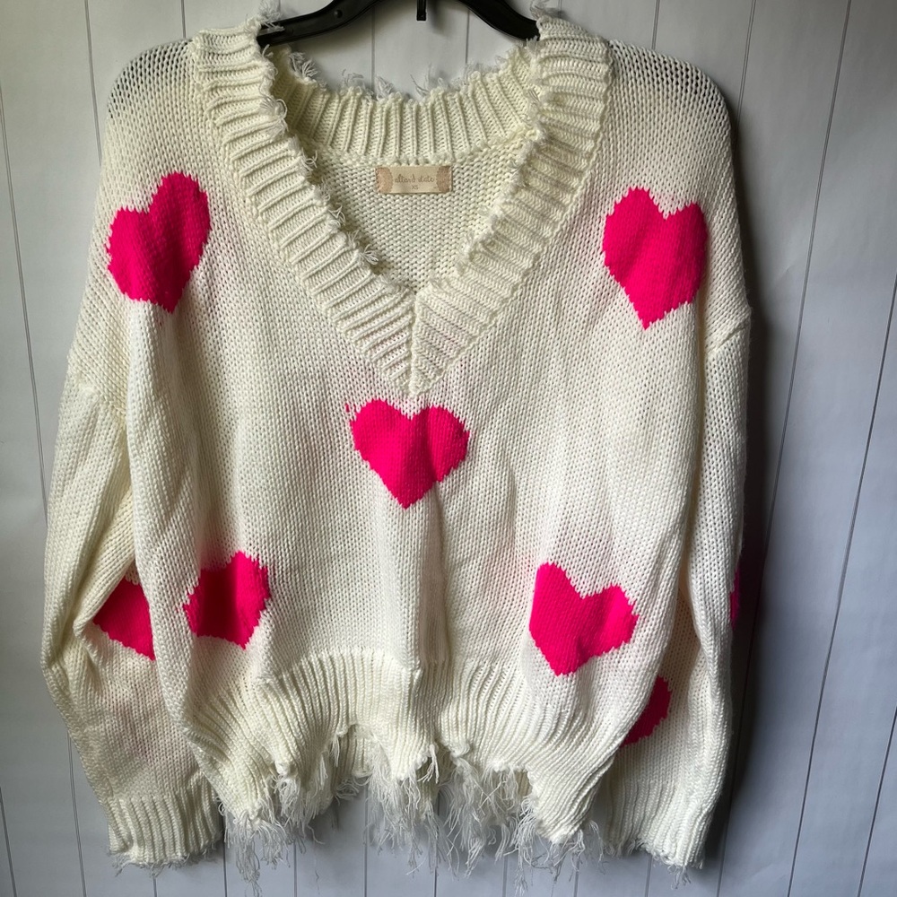 Altar’d State Oversized Distressed Pink Heart Sweater